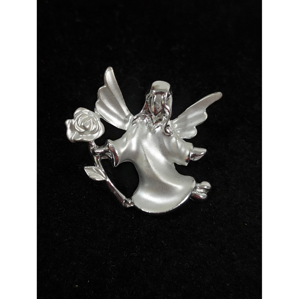 Vintage GIGI GIUSTI Angel Rose Brooch Silver Tone Matte Cherub Pin